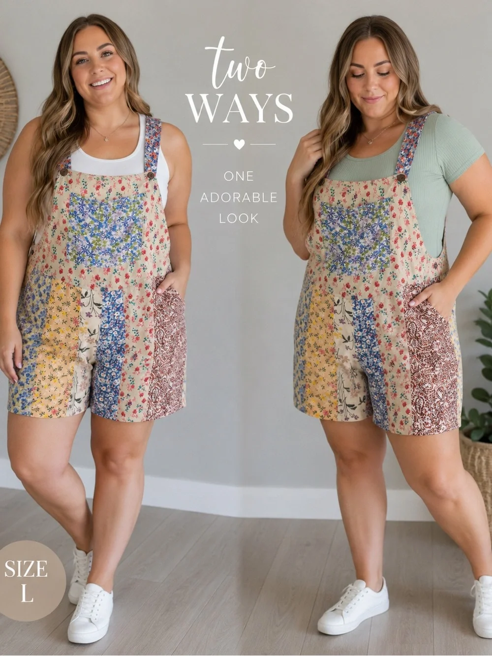 Blue Sky Patchwork Floral Overalls Shorts